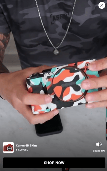 Example of a shoppable video taken from camskns.com, showing off their Canon 6D Skins with the VideoWise social media integrations