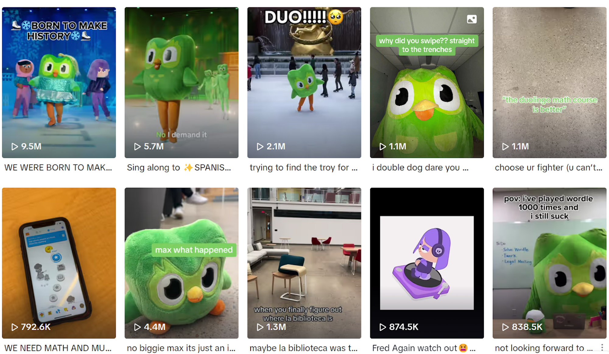 Duolingo’s TikTok page featuring its mascot, ‘Duo the owl’