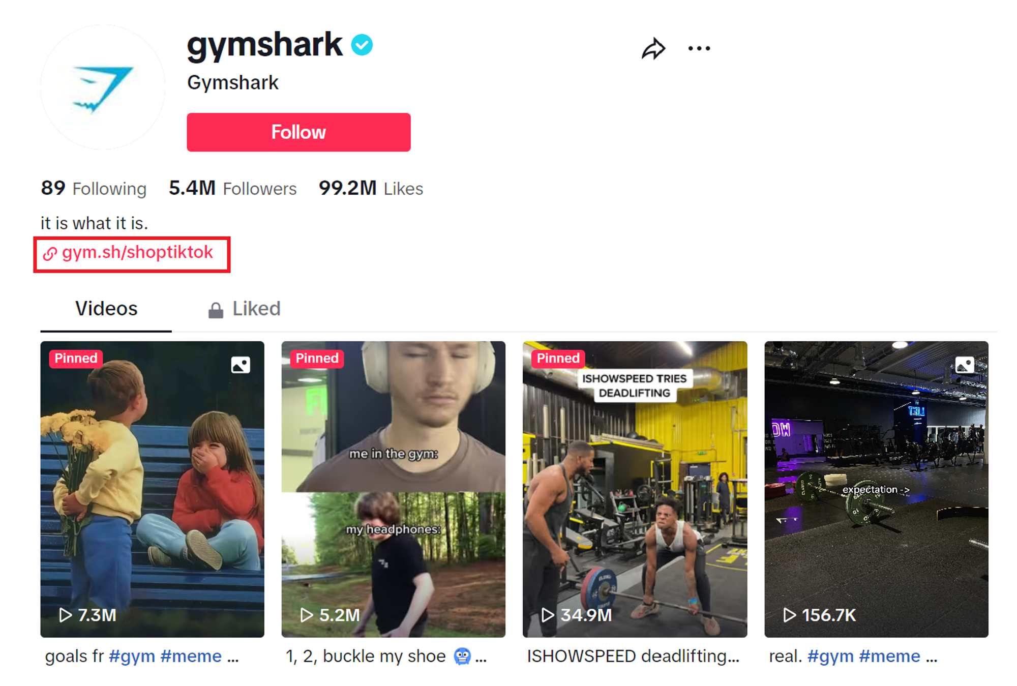 Gymshark’s official TikTok page