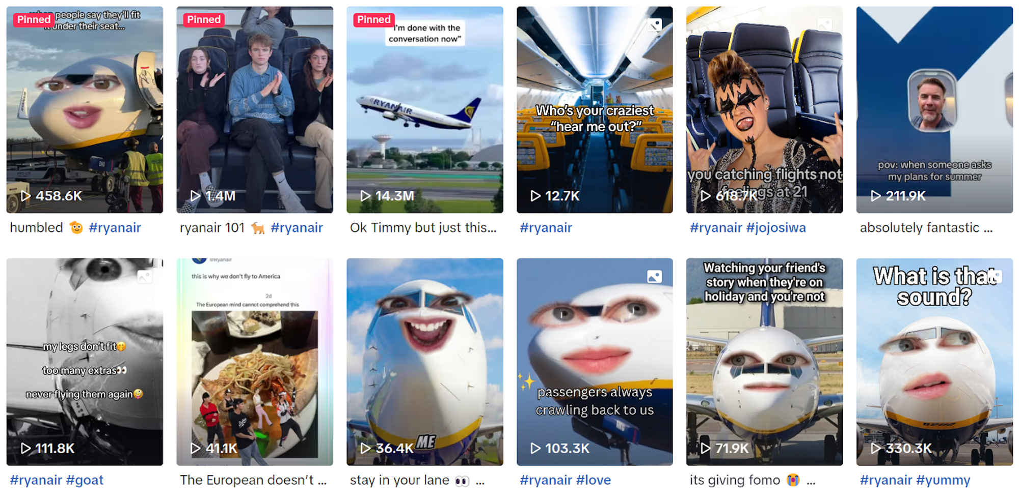 Ryanair’s TikTok page featuring it’s unofficial mascot