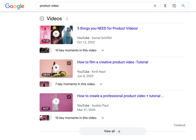 video results under product video keyword